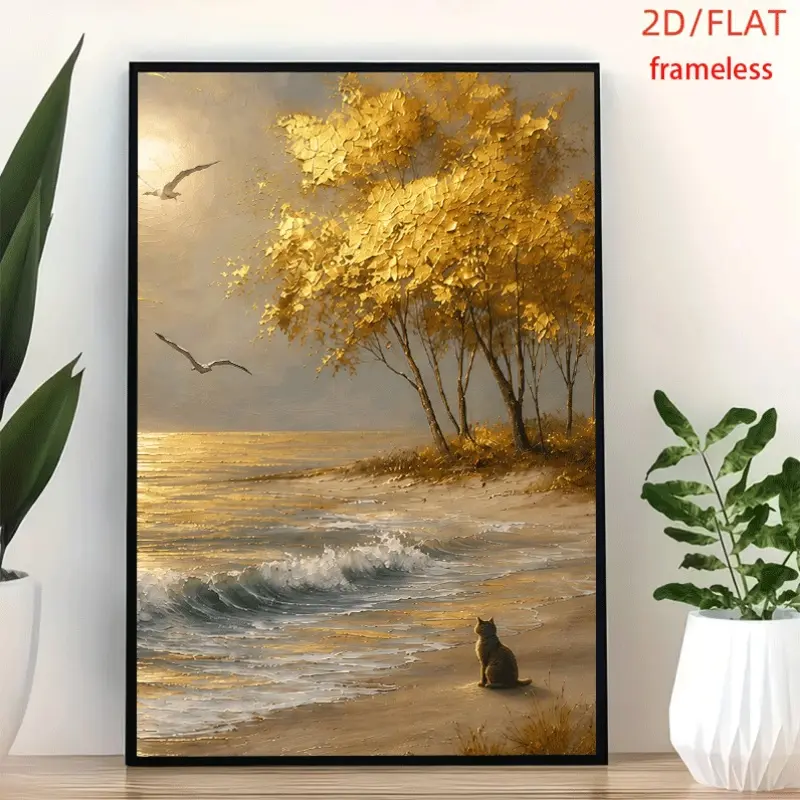 framelessGolden Shore Cat Watches Gulls Art Decor Print Poster, Wall Art for Living Room, Bedroom, Office, Dining Room & Bar, Perfect Gift & Home Decor, 12in x 16in