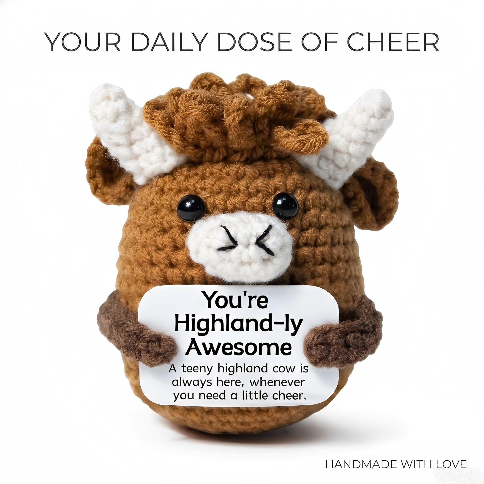 Cute Handcrafted Highland Cow Knit Plushie,Ultra Soft Fluffy Stuffed Animal,Squishy Relaxing Toy for Anxiety Relief,Adorable Bag Keychain Pendant,Perfect Festival Gift for Family Friends,Desk Bedroom Car Decor,Unique Handmade Crochet Cow Doll