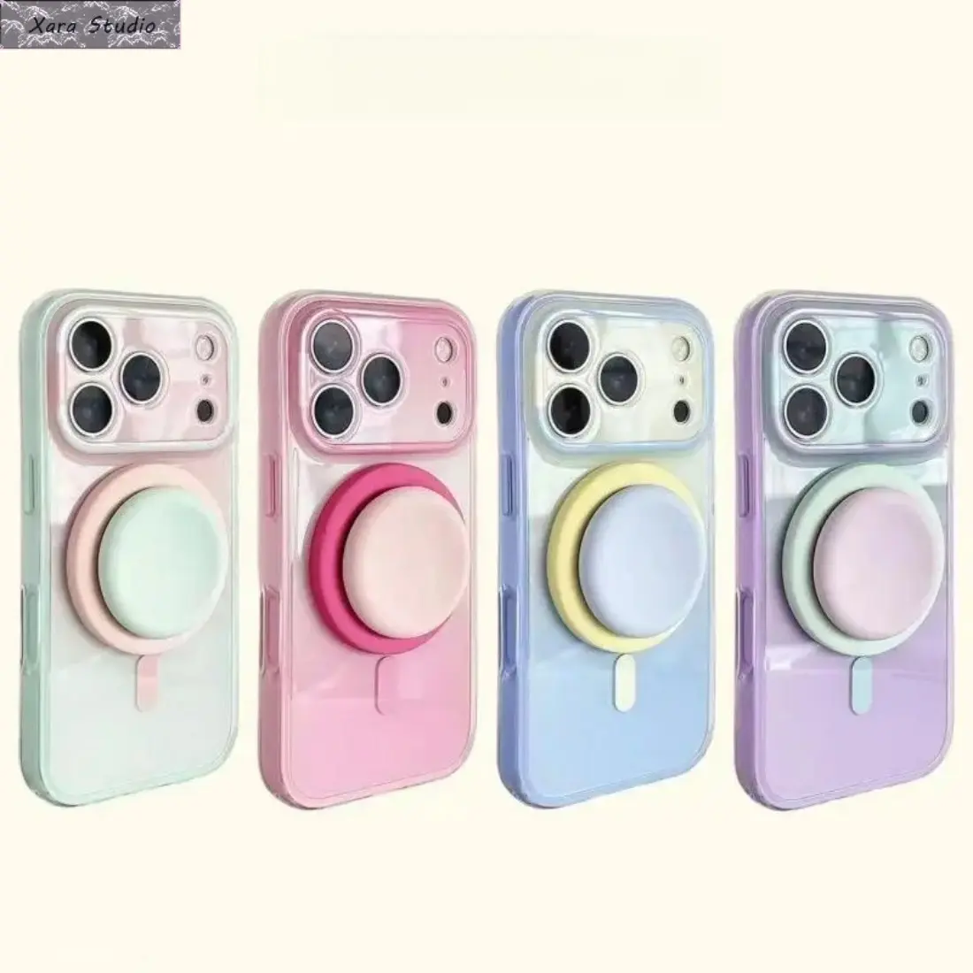 Magnetic Phone Case for iPhone Series (13-17 Pro Max, Plus, Mini) - 2-in-1 Grip Stand, Aesthetic Translucent Polycarbonate Hard Plastic Double-Layer Shock-Resistant Cover for iOS Devices