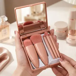 Portable Makeup Brush Set with Folding Mirror, Travel Cosmetic Brushes for Foundation, Blush, and Eyeshadow, Soft Bristles, Non-Slip Handle, Double-Sided Mirror, Hanging Hook Case, Washable Anti-Bacterial Material, Professional Makeup Organizer--wb