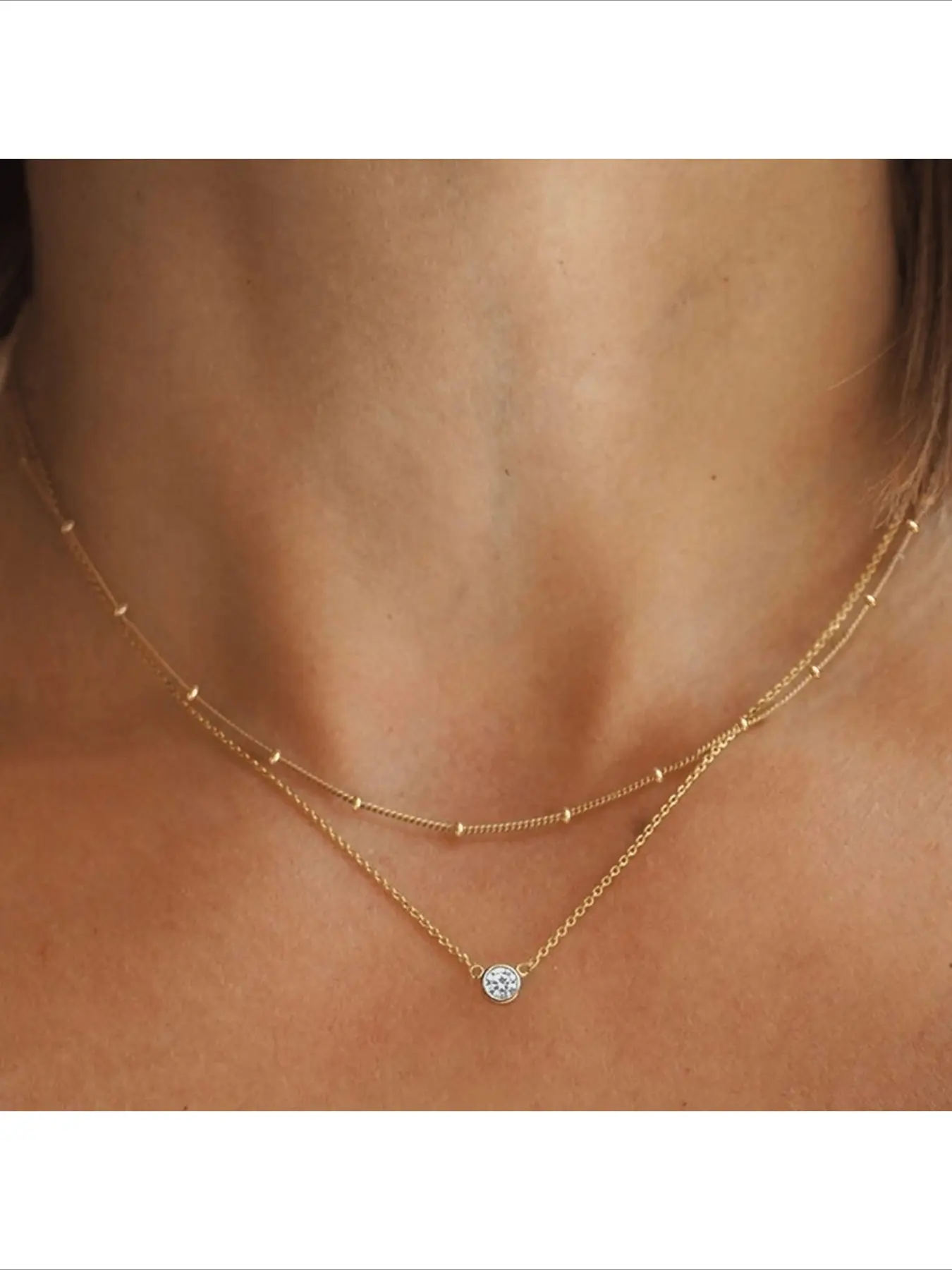 Hot Selling Exquisite Double Layer Single Diamond Pendant Necklace Temperament Light Luxury Small Niche High End Sense Stacking Beaded Choker Chain