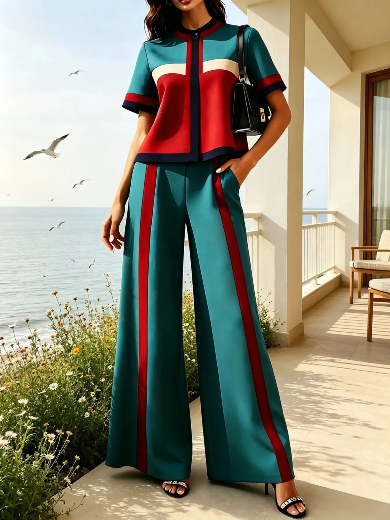 Two-Piece Set, Summer Peacock Blue Casual Blouse and Long Pants, Three-Color Block Design, Ideal for Daily Wear and Work