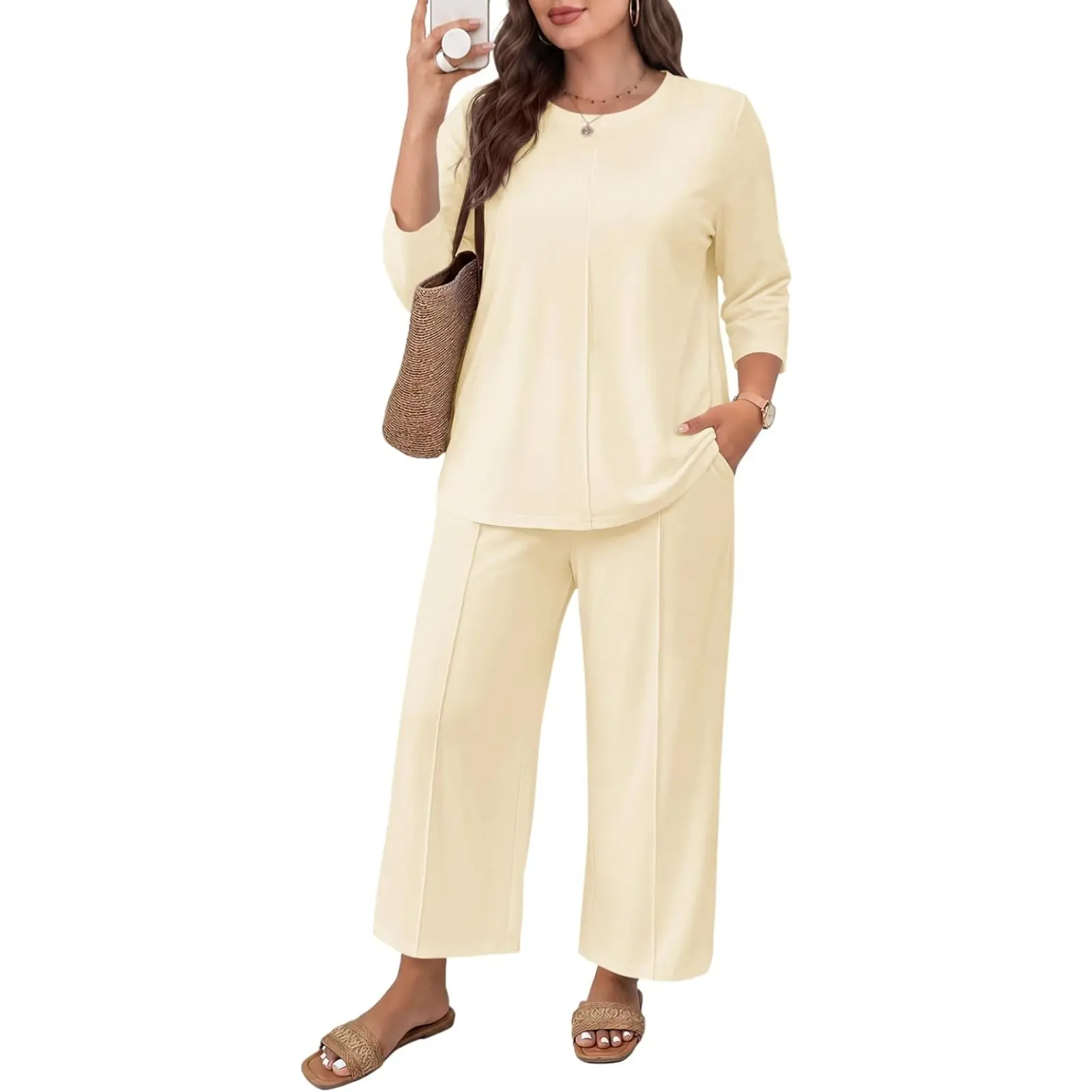 Tankaneo Women's Plus Size 2-Piece Lounge Set - 3/4 Sleeve Crew Neck Top & Loose-Fit Pants, Elastic Drawstring Waist, Lightweight Cotton Blend, Machine Washable, Airport Travel Fall Fashion Staple, Solid Plain