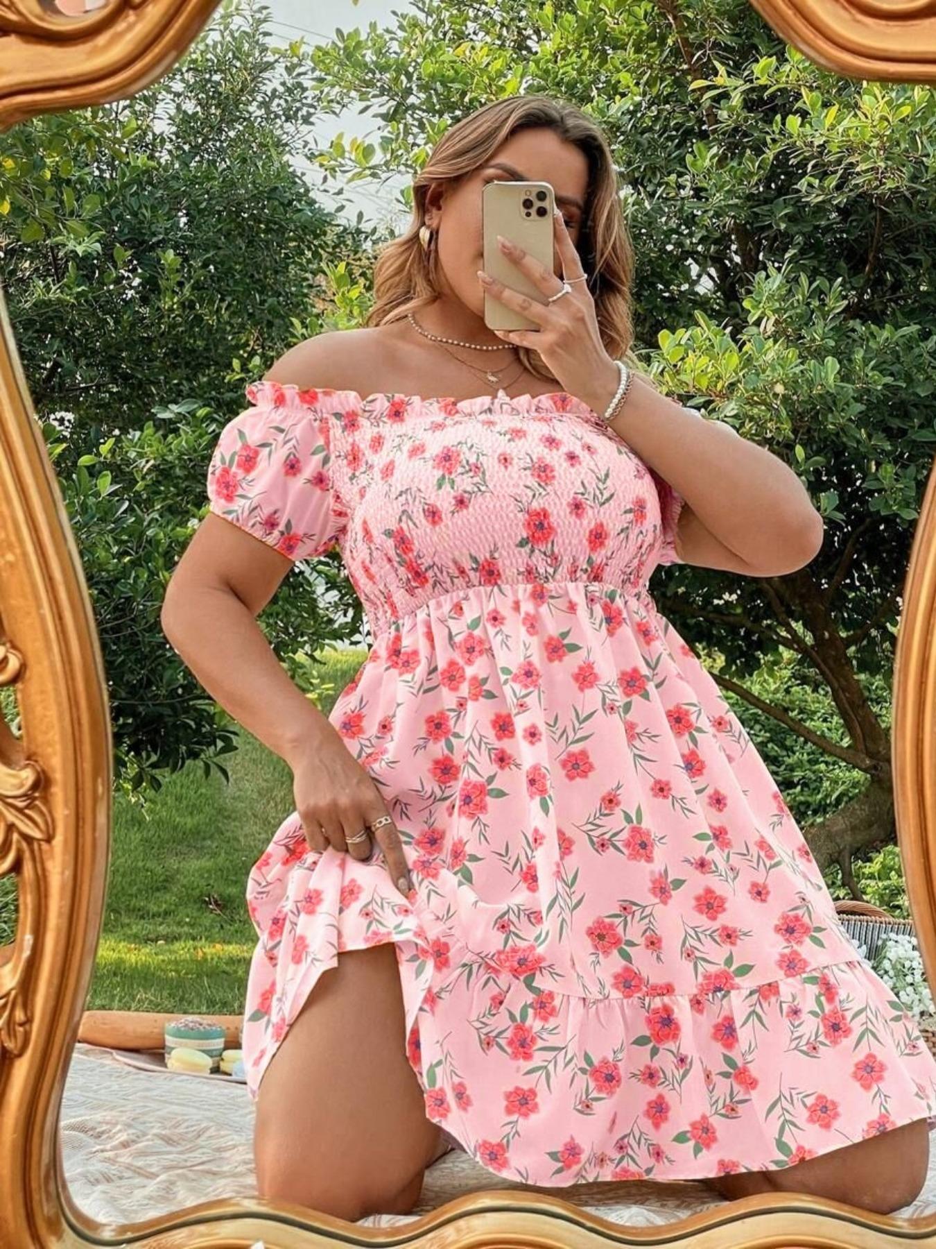 Plus Size Floral Print Off Shoulder A Line Dress, Boho Romantic Shirred Ruffle Hem Dress for Beach Vacation Holiday, Women's Plus Clothes for Summer