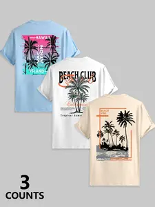 Men's Summer Tropical Palm Tree Print T-Shirt, Casual Short Sleeve Round Neck, Beach Vacation, Daily Wear, Hawaiian Style