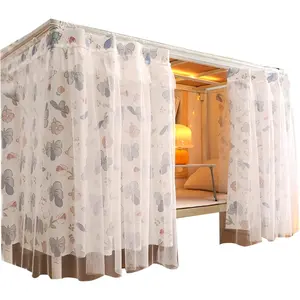 Beautiful Gauze Bunk Bed Curtains Drapes with Lace Privacy Bed for Bottom Twin Girls, 2 Panels, Flower, White
