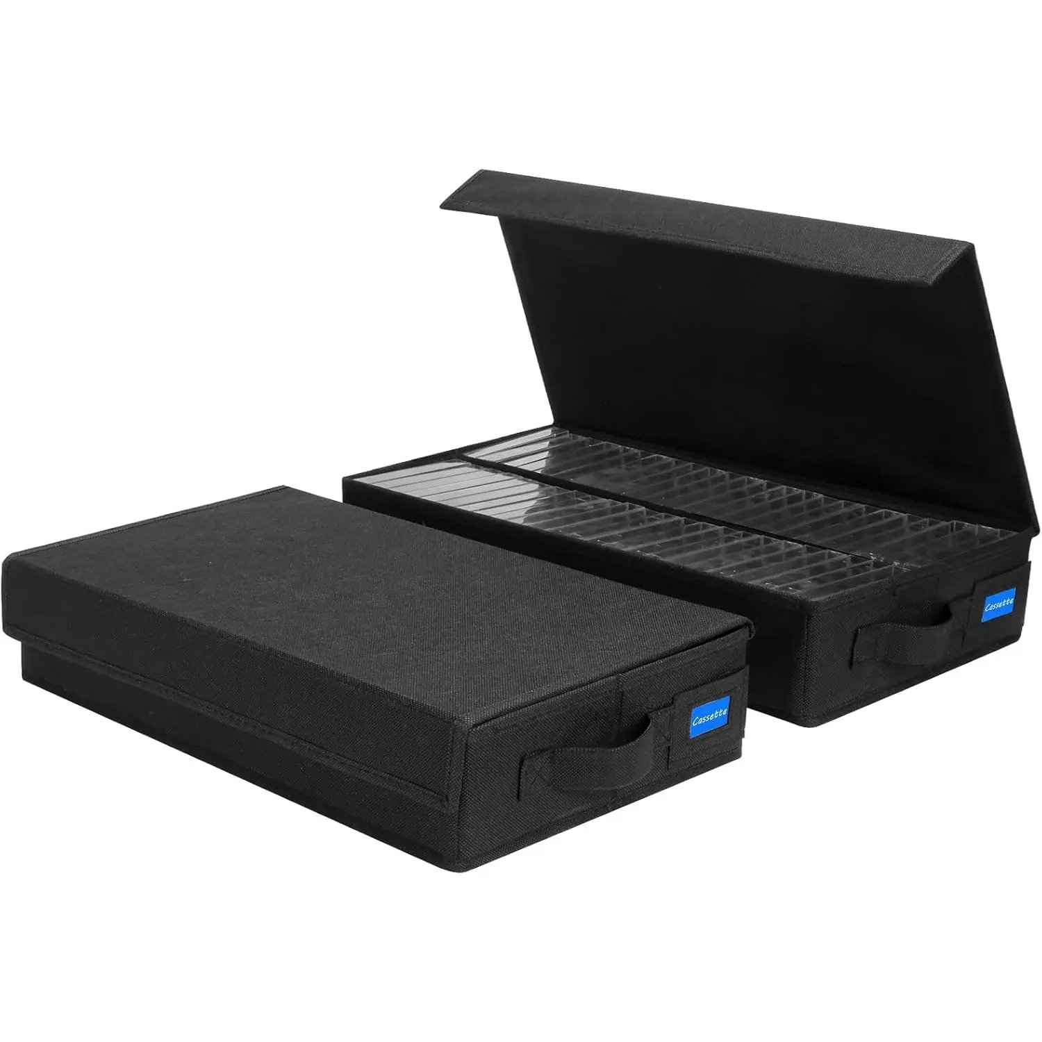 Cassette Tape Storage Box with Handles and Lid – Cassette Tape Holder and Organizer with External Label Slots, Stackable Cassette Storage Rack, 2Pack-Black