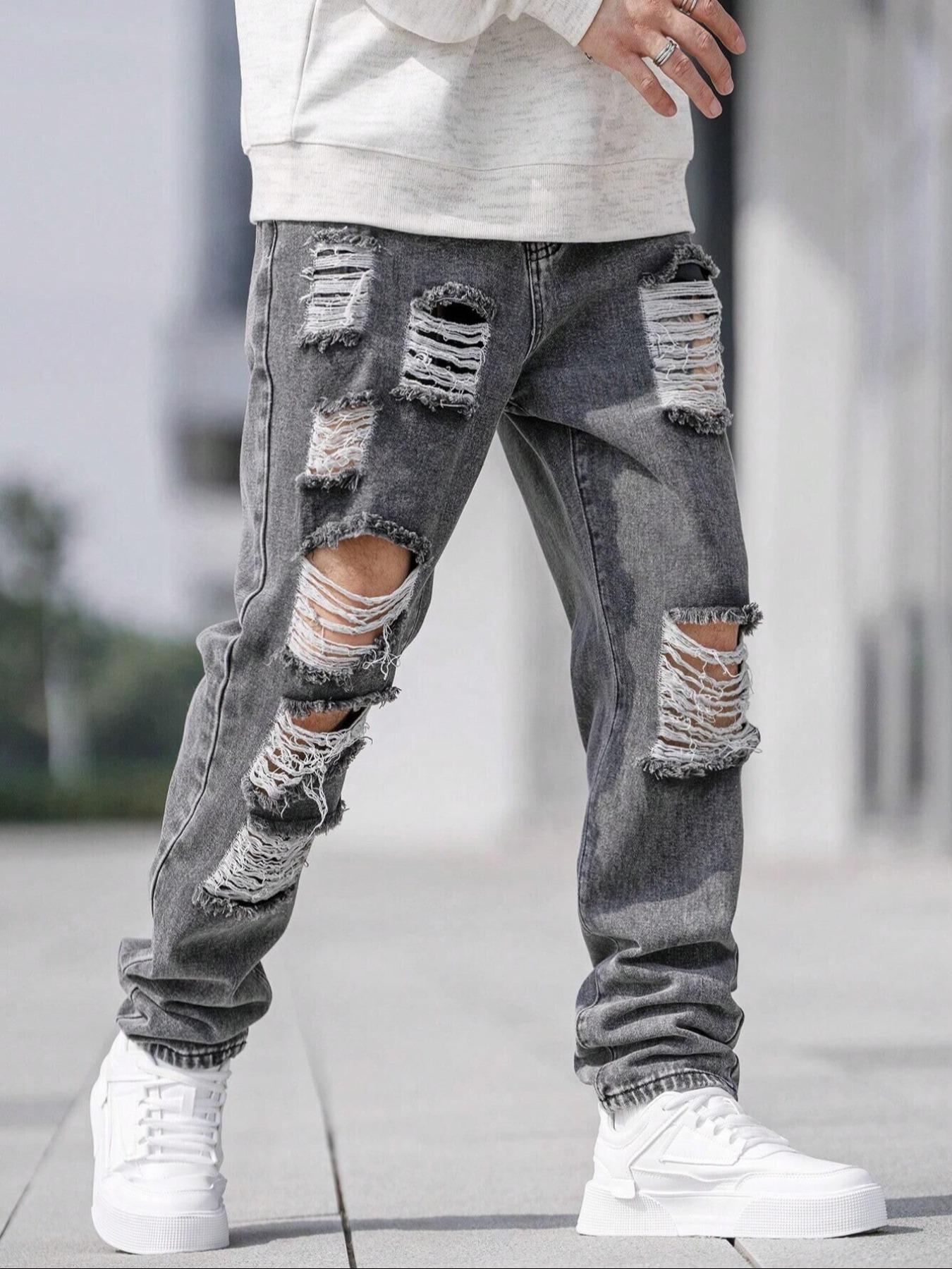 Men's Solid Color Distressed Ripped Stacked Jeans, Streetwear Casual Comfy Grey Denim Pants for Daily Wear, Mens Bottoms for All Seasons, Cotton, Slouchy Jeans
