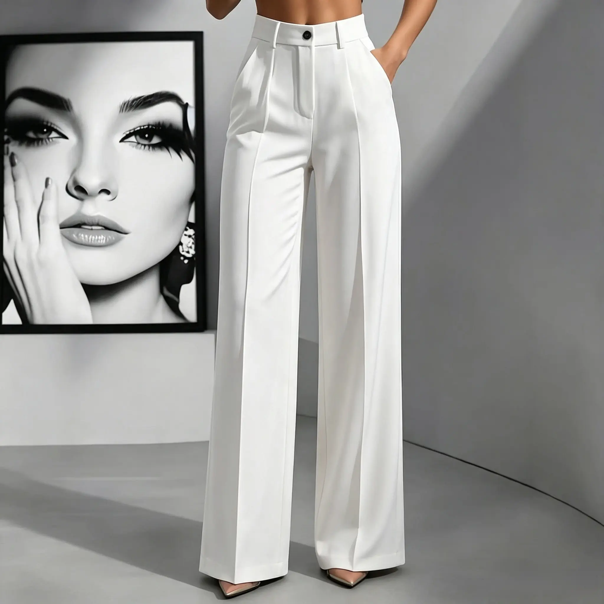 Women's 2026 New High-Waist Drape Straight-Leg Suit Pants, Solid-Color Elegant Pockets Business Work Trousers for Office Commuter Wear