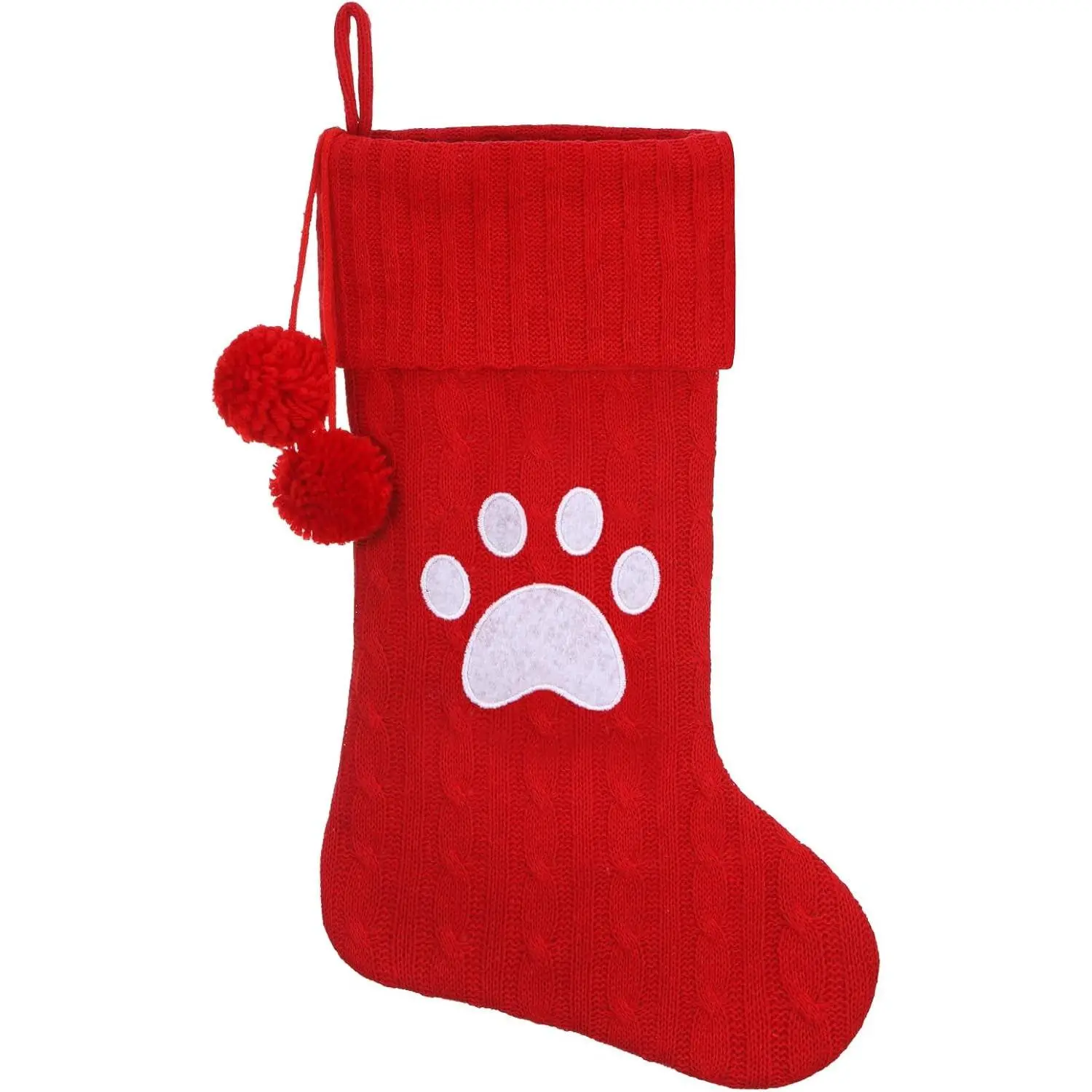 Personalized Christmas Stocking 19 Inch - Red Cable Knit with Monogram Embroidery & Pom Poms, Family Fireplace Hanger for Holiday Decor, Red Letter Paw