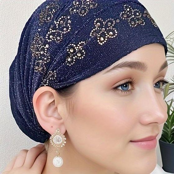 Elegant Women's Rhinestone Floral Turban - Stretchy, Soft & Breathable Head Wrap for Ramadan |   Red/Black