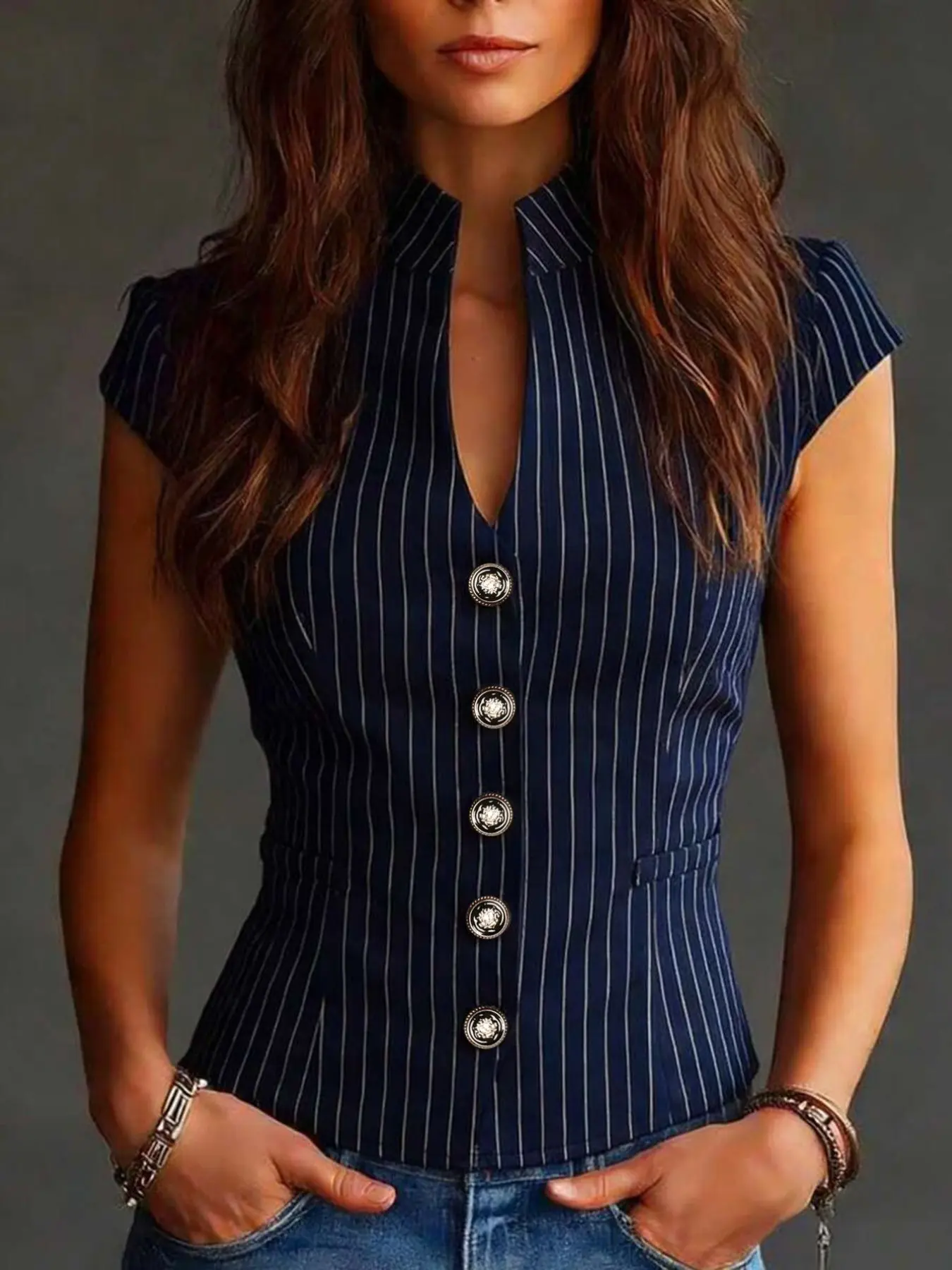 New Women's Fine Striped Short Sleeve Top, Slim Fitting Shirt, Professional Office Commute Shirt, Stylish and Comfortable Daily Wear, Business Casual Blouses