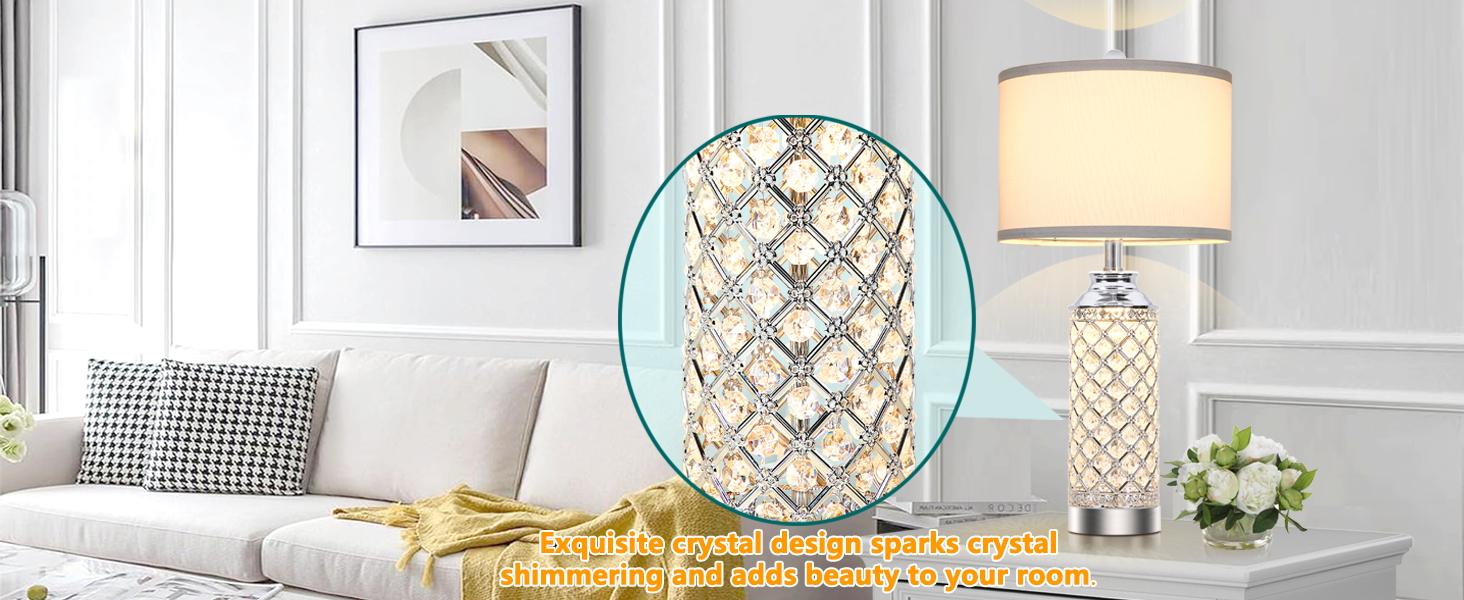 Table Lamps Set of 2 with LED Night Light, Nightstand Lamps with USB A+C Charging Ports, 24 inch Silver Crystal Bedside Lamps for Livingroom, Office, Study Room, Guest Room