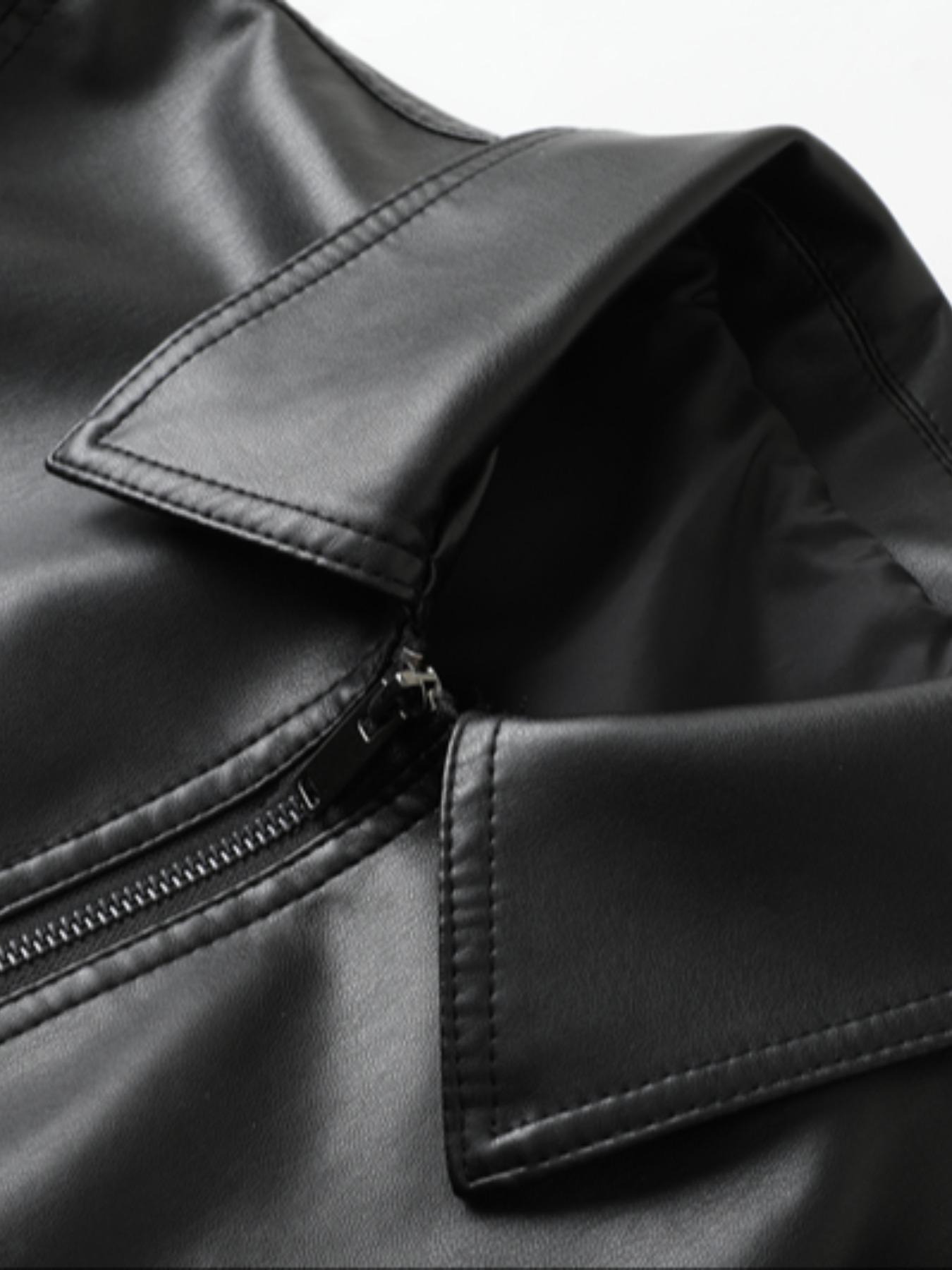 Men's Regular Fit Solid Zipper Pocket PU Leather Jacket, Casual Long Sleeve Collar Outerwear for All Seasons, Fashion Men's Clothing for Daily Wear