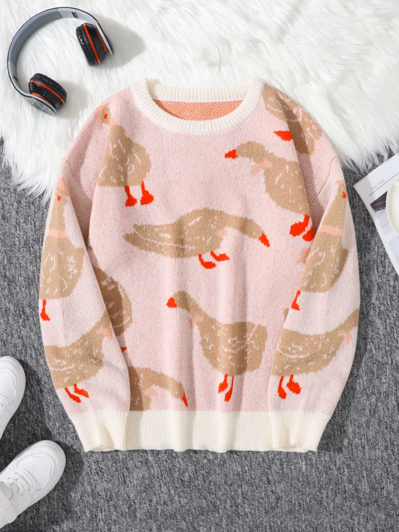 Men's Casual Duck Print Sweater, Contrast Color Knit Long Sleeve Round Neck Pullover, Soft Spring/autumn Regular Fit
