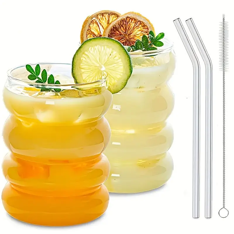 2-Pack High Borosilicate Glass Cups with Straw, Reusable Glass Tumblers, Glass Drinking Glasses, Ice Coffee Cup, Juice Cup, Milk Cup, Tea Cup, Seasonal Drinking Set, Fashionable and Cute