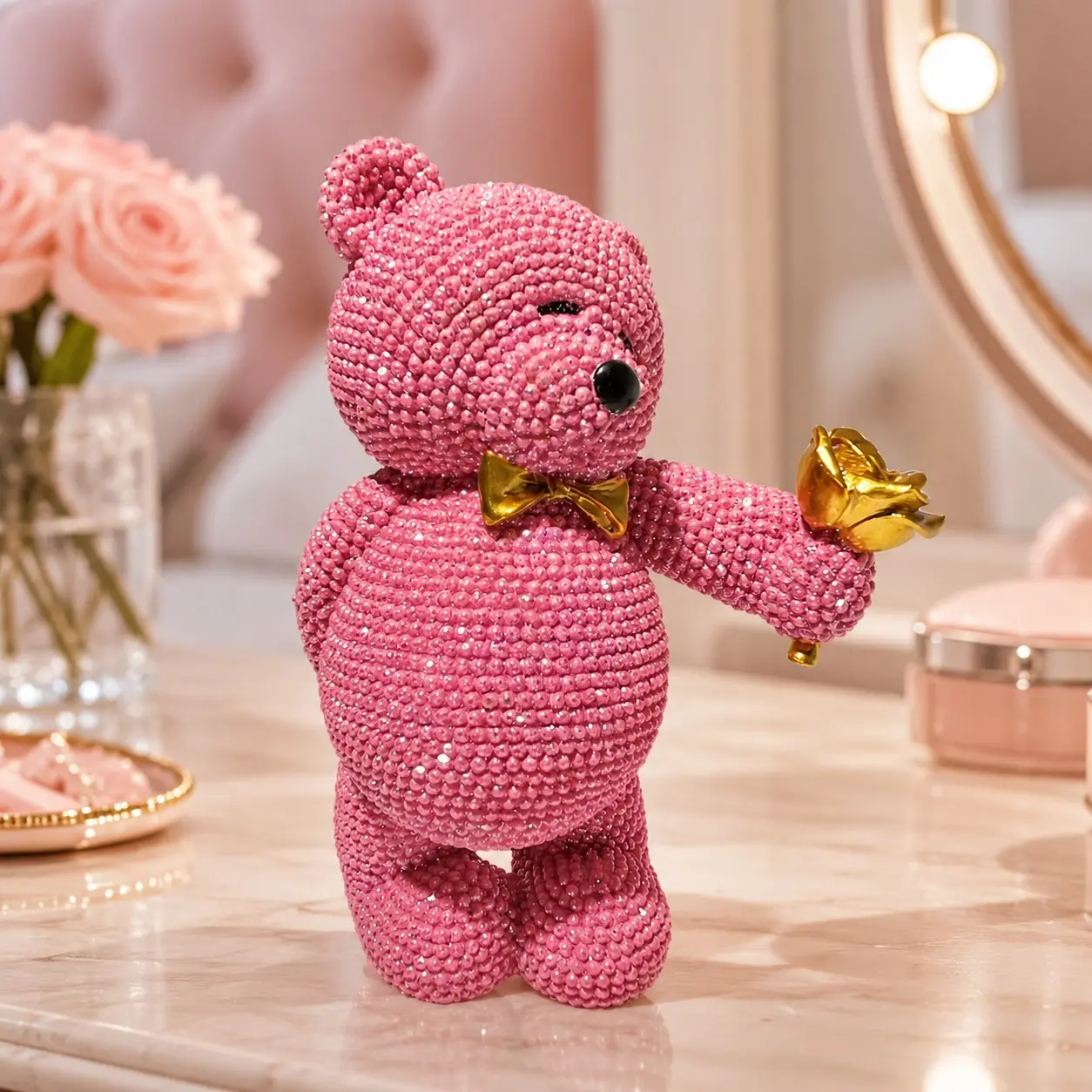 Cute Resin Bear Rose Ornament, Modern Luxury Desktop Decor, Bedroom Vanity Table Decoration, Elegant Home Soft Furnishings, Decorative Statues, Home Decor Ornaments