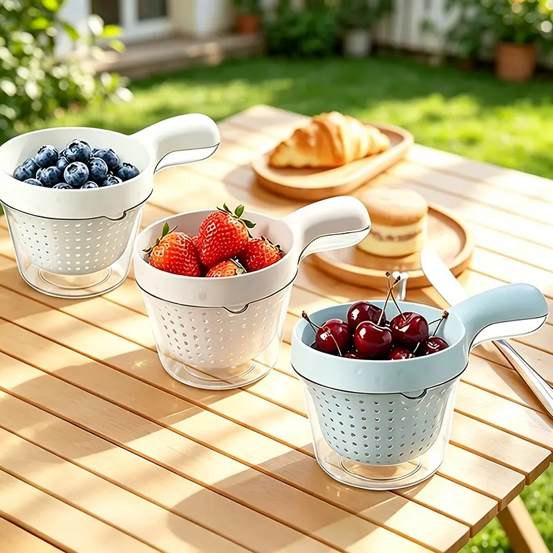 1pc Handheld Kitchen Colander, Double-Layer Fruit Washing Basket, Hanging Plastic Vegetable Washing Bowl, Colander Spoon, Creative Fruit Basket, Fruit Colander, Fruit Washer, Double-Layer Vegetable Colander, Rice Sieve with Handle