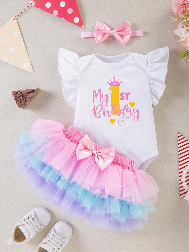 Three-Piece Set Baby Girl's Letter Print Tee & Colorblock Tiered Layer Skirt & Bow Decor Hair Band Set, Cute Butterfly Sleeve Round Neck Top & Tutu Skirt & Hair Band, Infant Toddler Kids Birthday Party Outfits