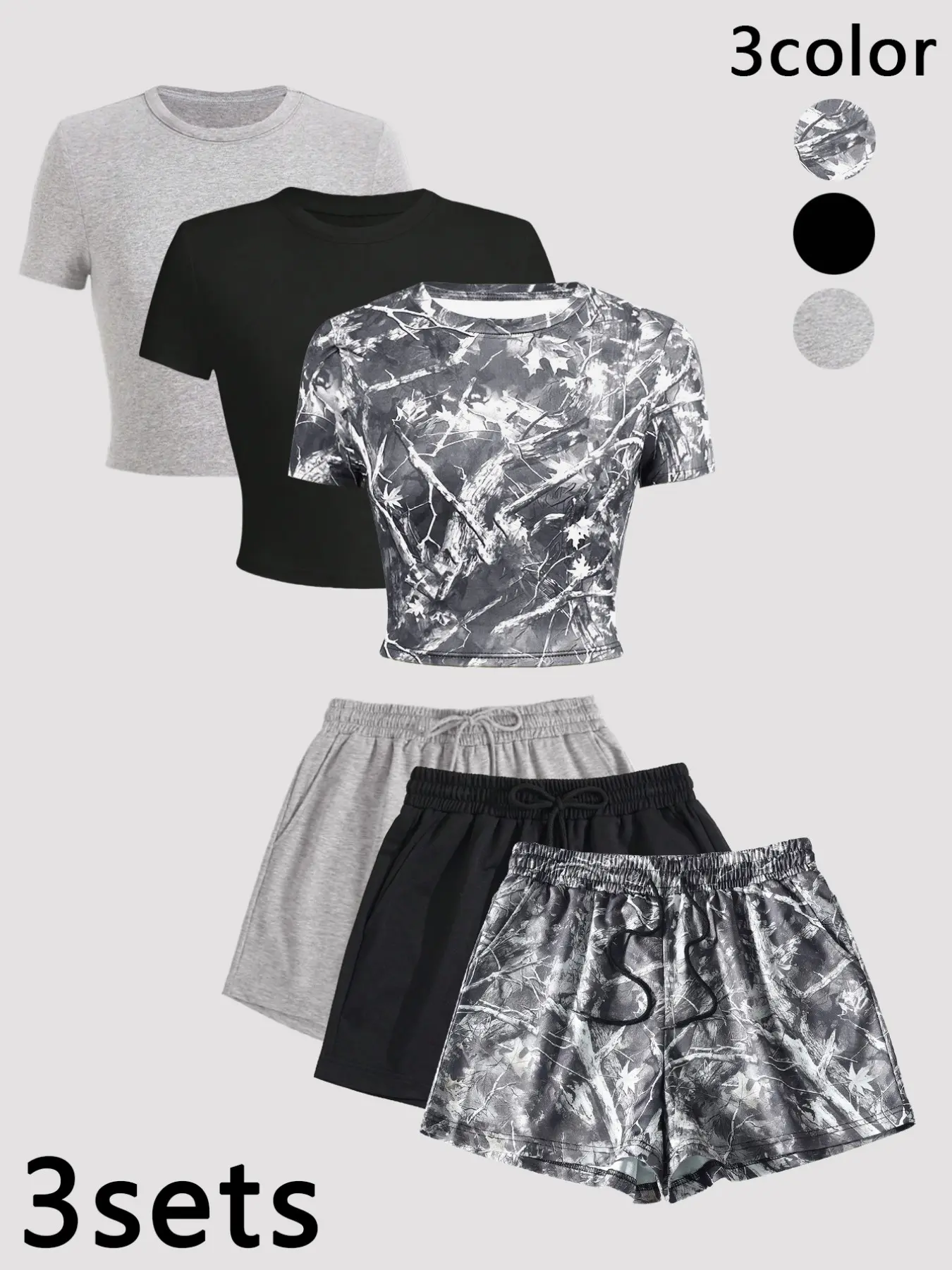 3-piece/4-piece set, Y2K retro spicy girl sports set, tree pattern camouflage/solid color short T-shirt+drawstring shorts two-piece set, suitable for women's summer home and fitness casual matching set, Printed Sports Suit