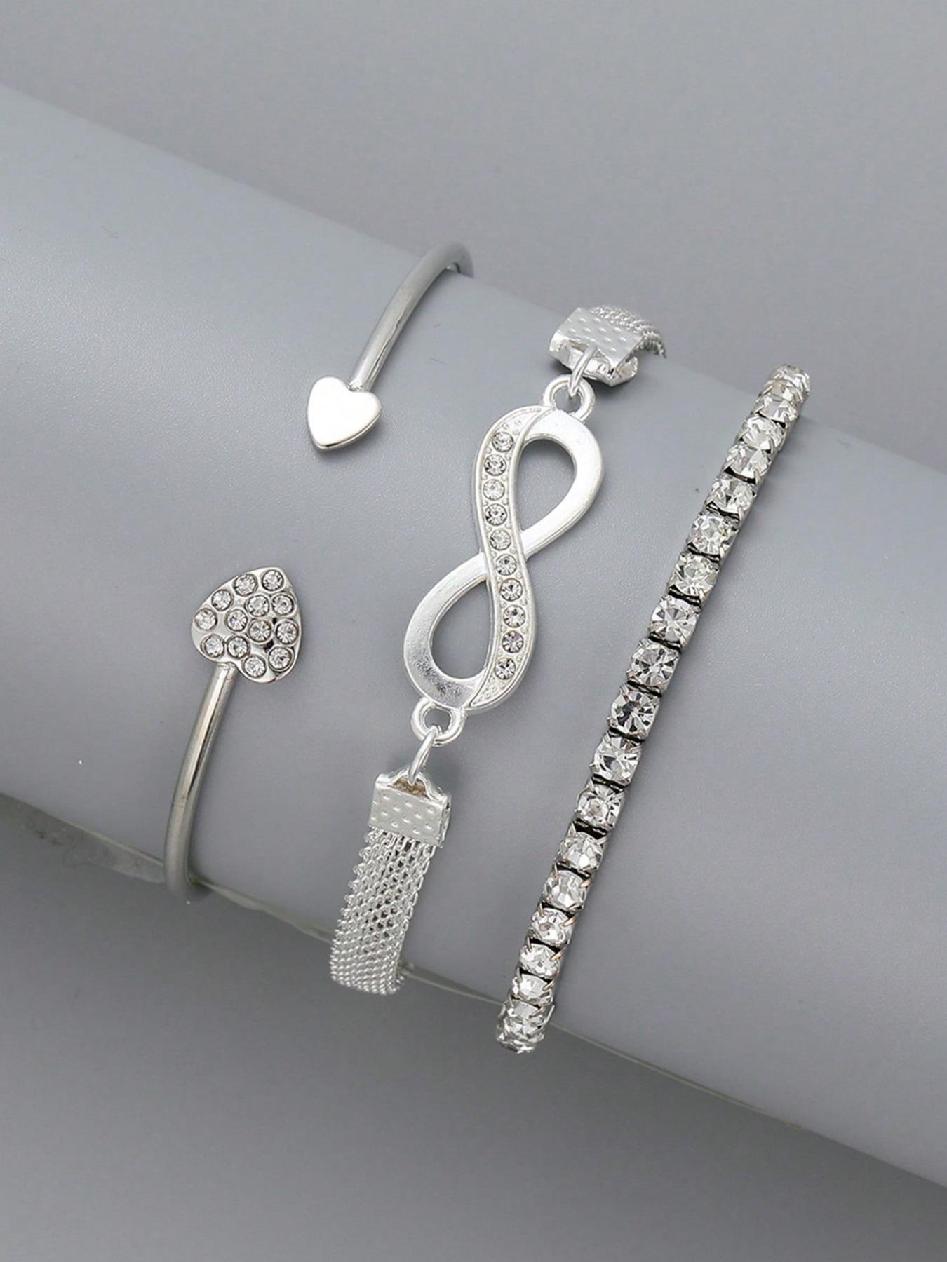 3pcs Women's Minimalist Elegant Heart Rhinestone Bangles Set, Pretty Bracelet, Bracelet Bundle, Fashion Accessories for Parties and Daily Wear, Versatile Elegant Jewelry Bracelet Set