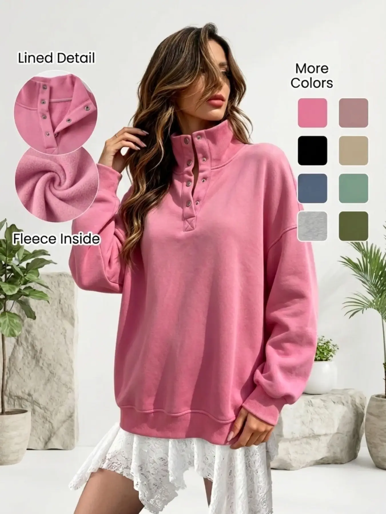 Women's Stand Collar Half Button Henry Neck Sweatshirt, Fleece Lined Loose Fit Long Sleeve Top, Fall Winter Casual Warm Hoodie