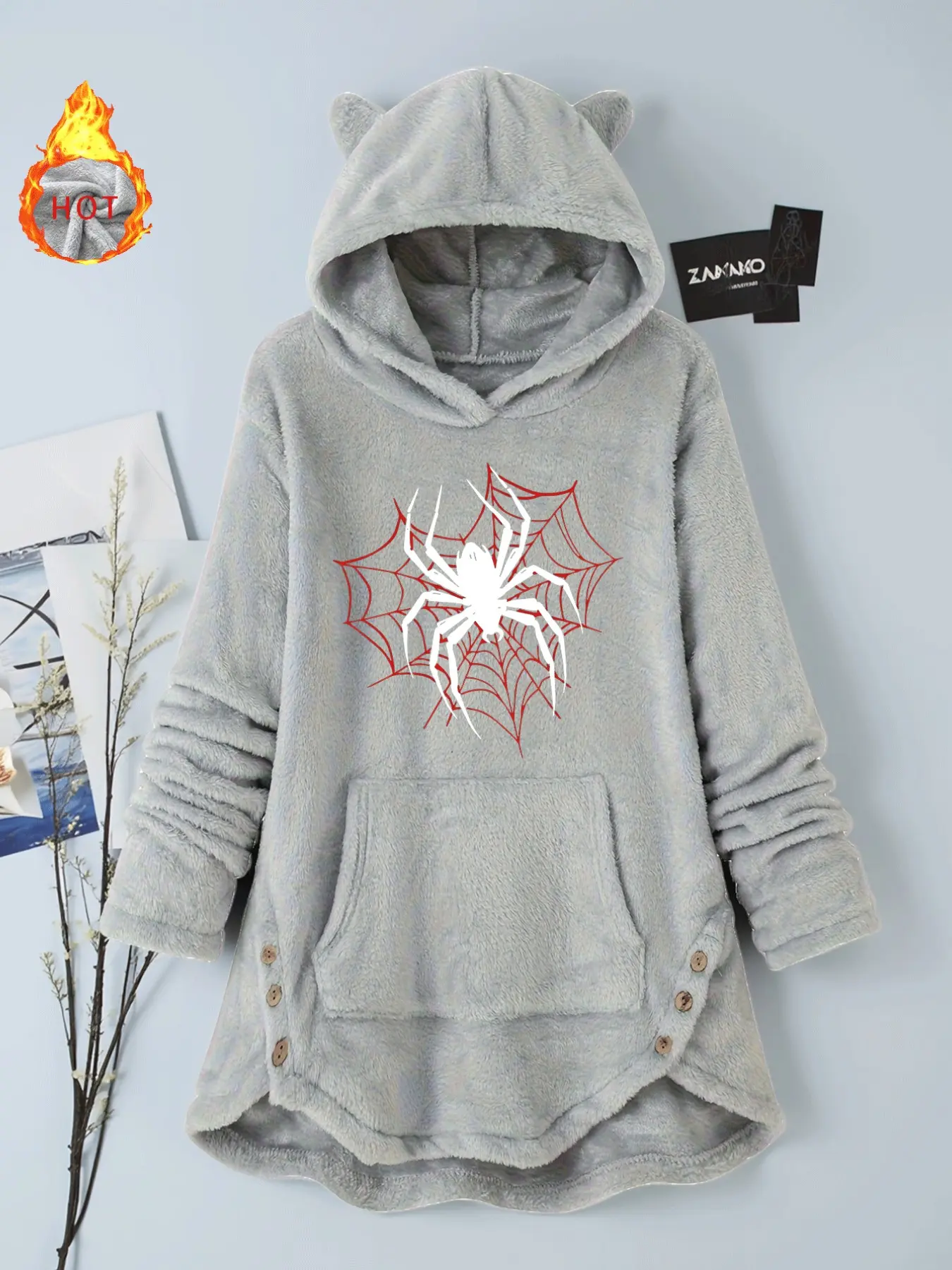 Y2K Sweet Cool Millennial Dark Spider Web Print Cat Ear Hooded Robe, Fall Winter Soft Thick Long Plush Home Jacket, Fashion Loose-Fit Apparel