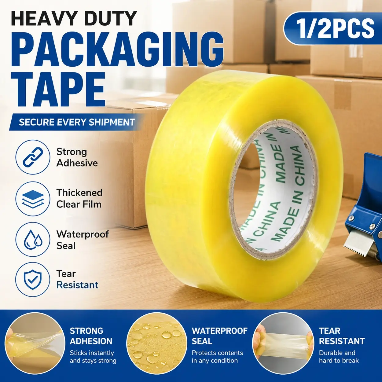Transparent Heavy Duty Packing Tape, Premium Clear Box Sealing Tape Roll with High Strength Adhesive, Thickened Tear Resistant Packaging Tape for Moving Supplies, Carton Sealing, Storage Organization, Office Shipping, Warehouse Use and Household Packing