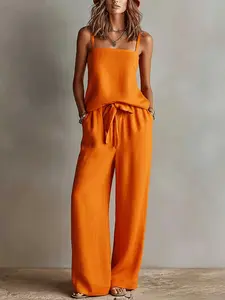 2 Piece Set Thin Strap Square Neck Cami + Drawstring High Waist Wide Leg Pants, Casual Vacation Outfit (Hat & Accessories Not Included)