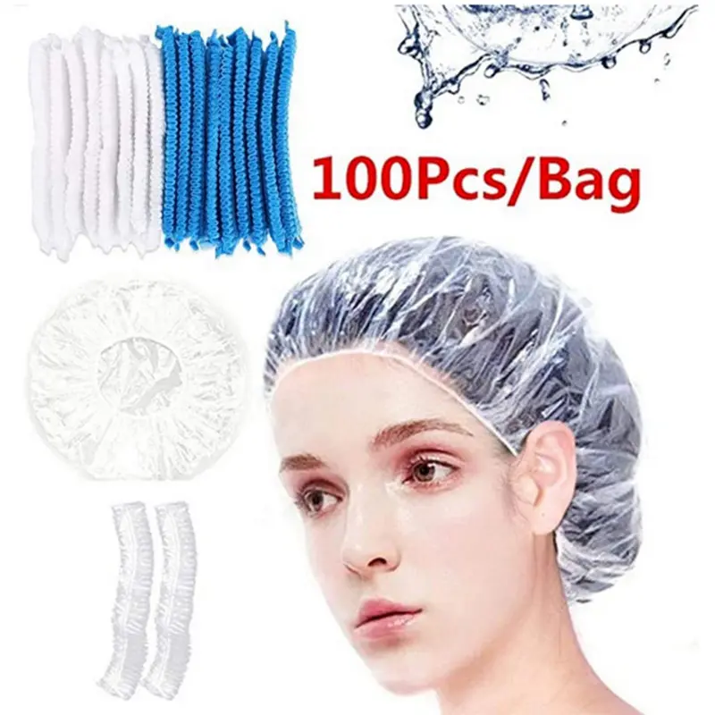 100PCS Disposable Shower Caps, Plastic Hair Caps for Shower, Hair Treatment, Coloring & Salon Use, Waterproof Bath Caps