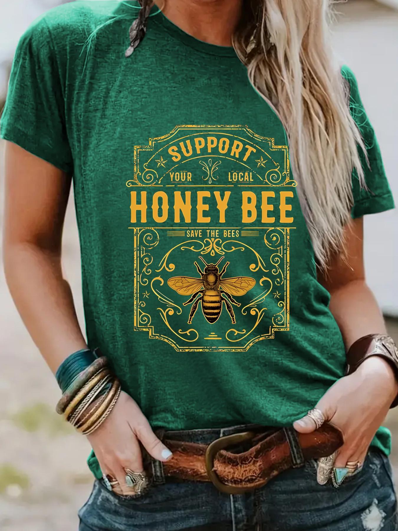 Women's Honey Bee Print Round Neck Graphic Tee, Vintage Trendy Casual Fitted Short Sleeve T-shirt for Daily Wear, Ladies Summer Outfit