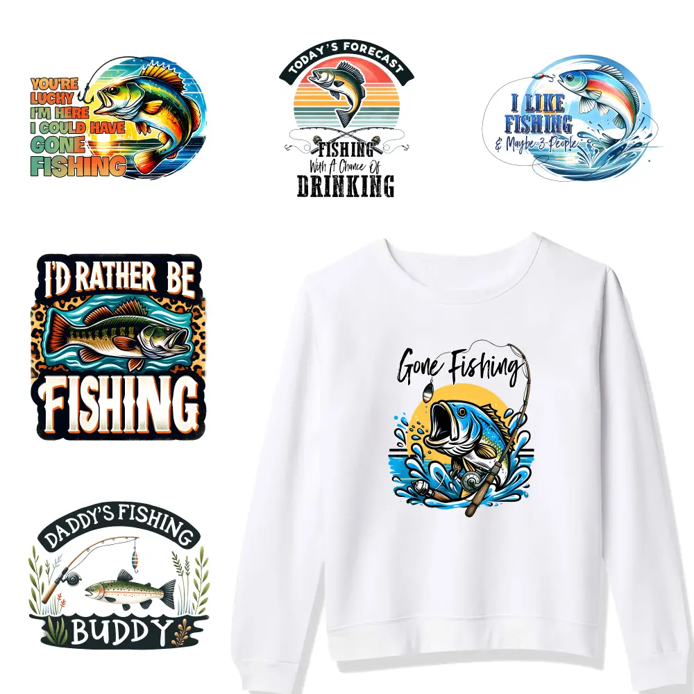 6 Pcs Gone Fishing Iron on Transfers Hoodie DIY Crafts casual style. Press Washable Stickers DTF Transfers Ready iron on decals Transfers Sticker On Clothes
