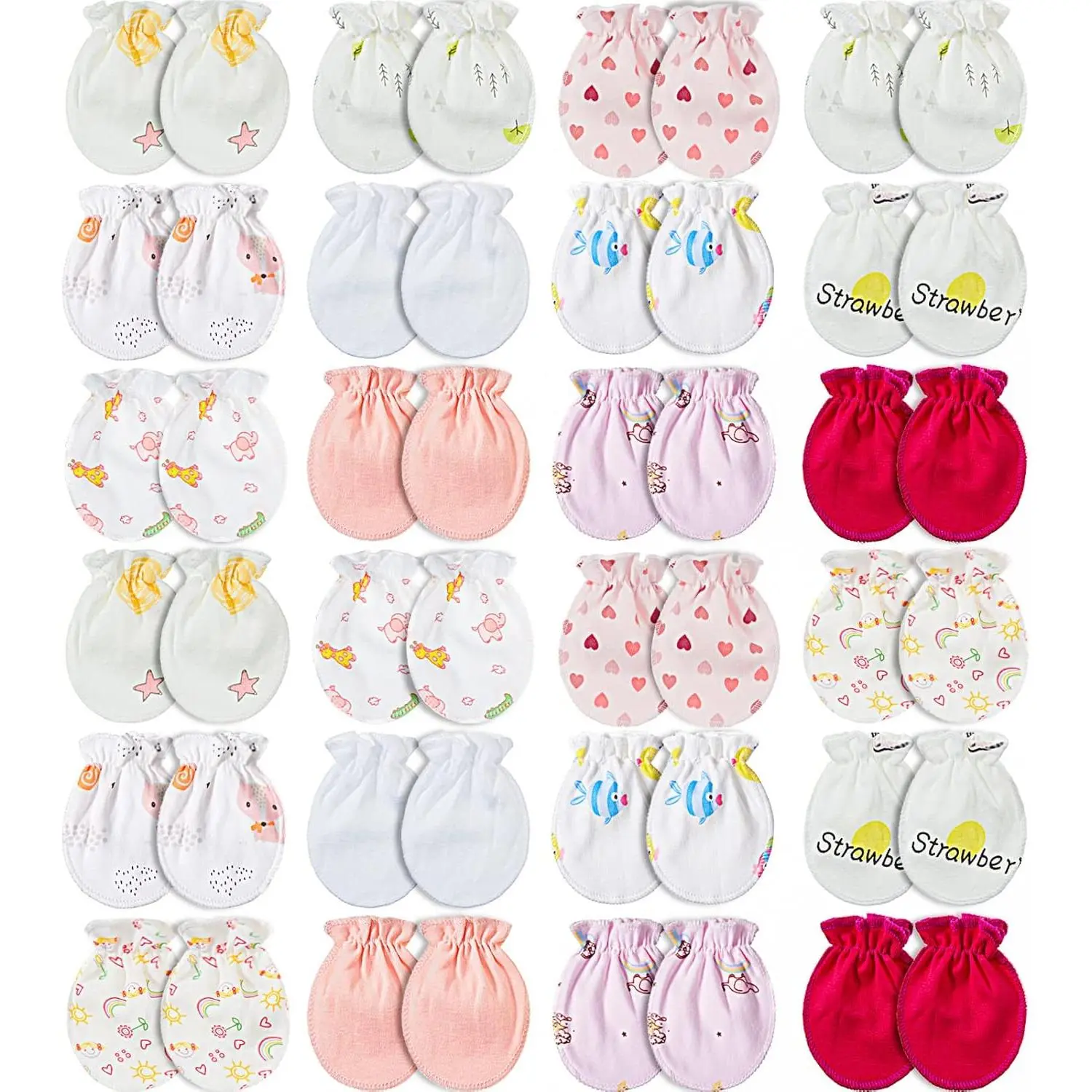 24 Pairs Elastic Fit No-Scratch Newborn Baby Mittens, Soft Infant Gloves for 0-6 Months Boys & Girls