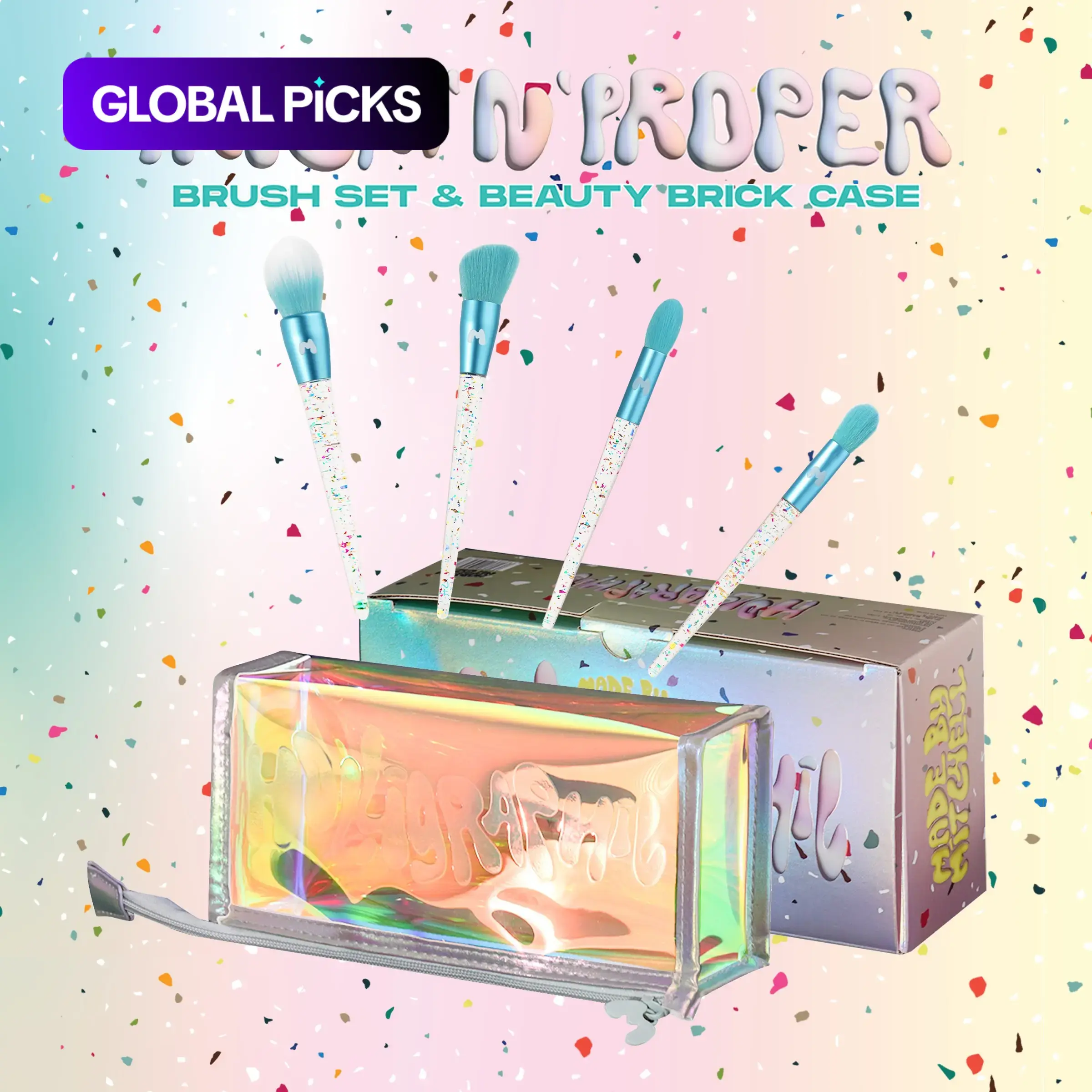 [Made by Mitchell] Holographic Prism ’N’ Proper | 4-Piece Makeup Brush Set with Beauty Brick Case, Makeup Brushes Kit #GLOBAL PICKS