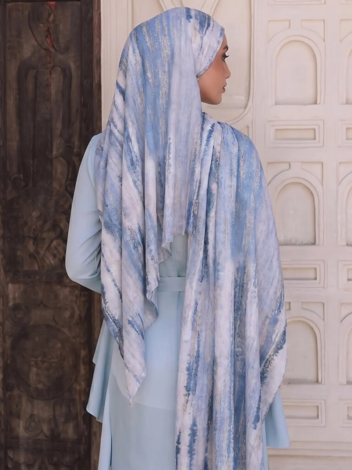 Women's Light Blue Ink Wash Vertical Stripe Simple Headscarf Hijab, Modesty, 70x180cm Long Scarf, Four-Season Wrap, Stylish Accessory