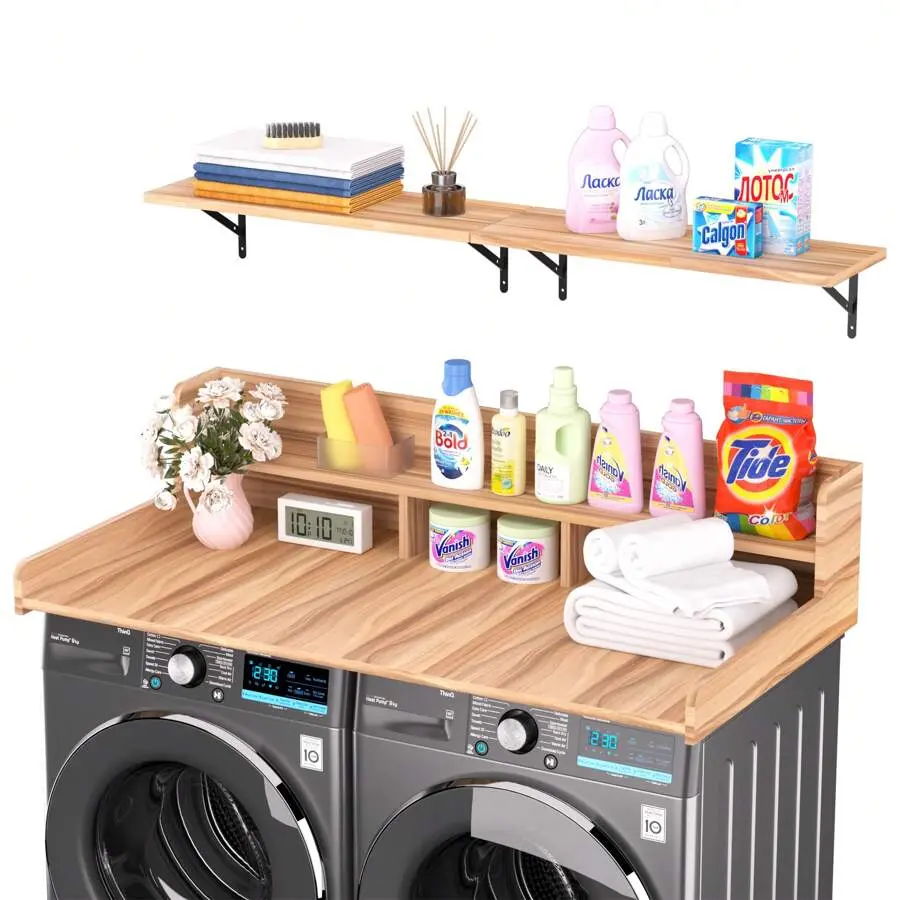 54" Washer Dryer Countertop With 2-Layer Shelves And Storage Shelf, Laundry Room Countertop Set