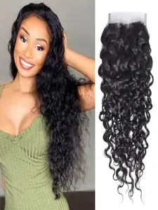 Water Wave Closure Human Hair 4x4 Lace Closure Wet and Wavy Lace Closure Lace Frontal Closure Swiss Lace Closure No Bleached Knots Human Hair Closure Free Part Closure Natural Black
