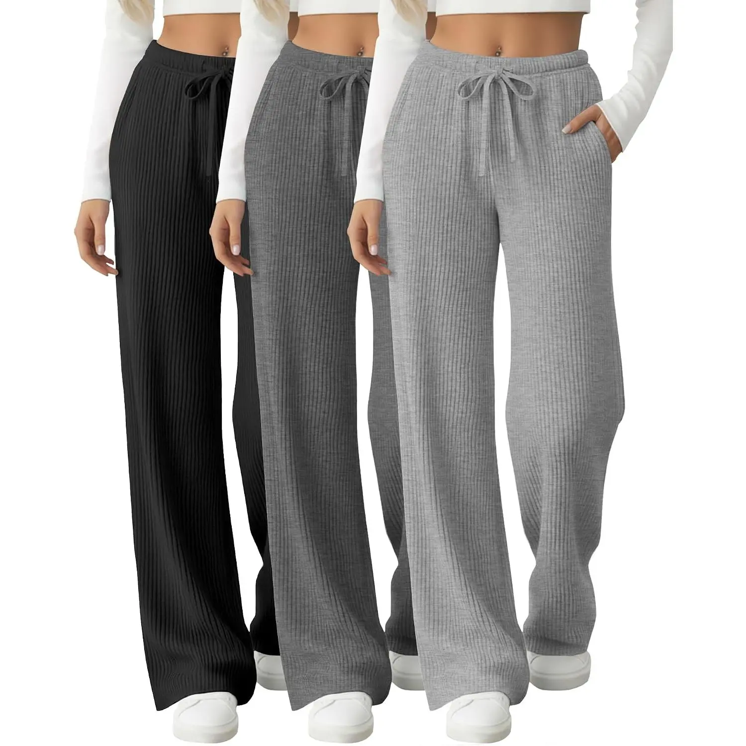 3 Pack Women's Ribbed Knit Lounge Pants| Comfy, Wide Leg Slacks, with Pockets, Loose Yoga Sweatpants, Casual Joggers