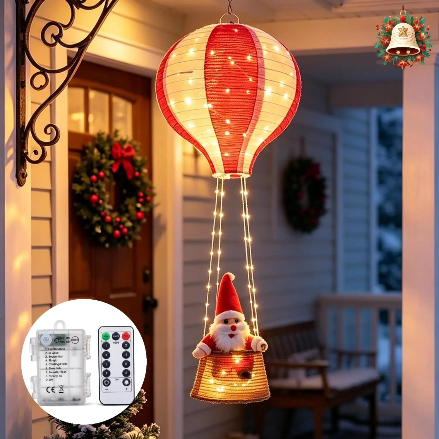 2PCS 39in Magical Colorful Christmas Hot Air Balloon Hanging Lanterns with Santa Figurine, Battery-Operated with Remote Control, 8 Light Modes, IP44 Waterproof, Indoor-Outdoor Room Holiday Decoration & Christmas Gift