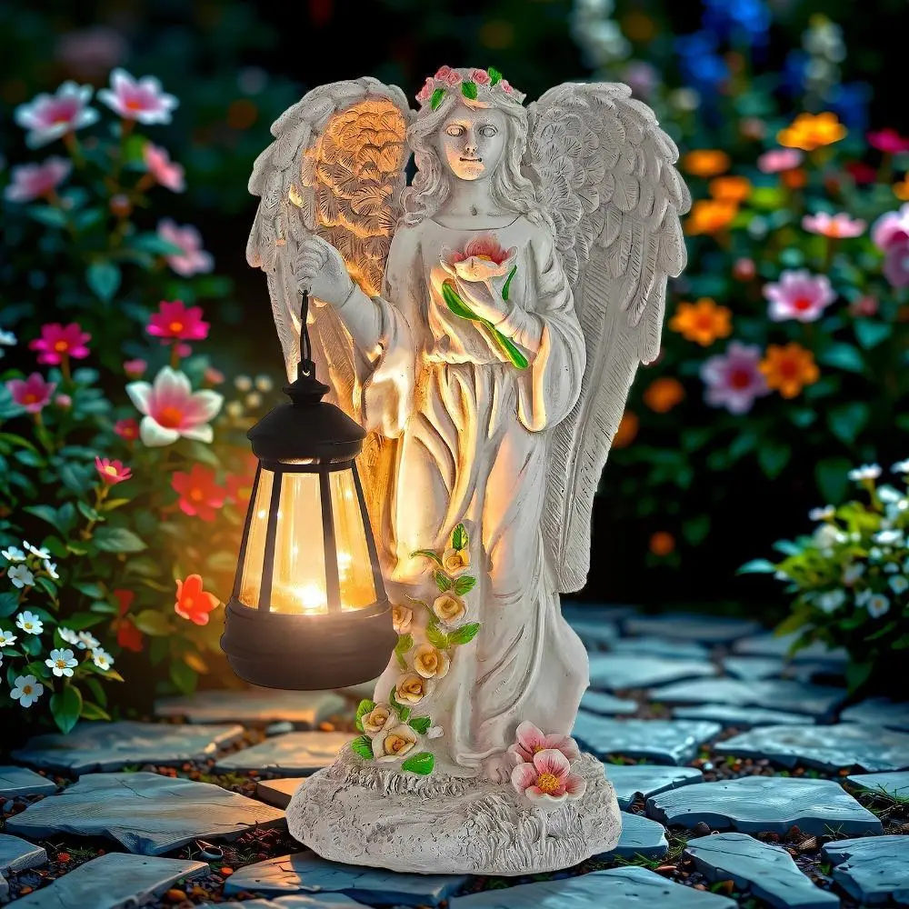 Solar Angel Outdoor Garden Decor Statue - 12.2in Solar Light Sculpture, Outdoor Art for Patio, Balcony, Front Lawn, Thoughtful Gift for Women (Mom, Grandma, Housewarming, Birthday)