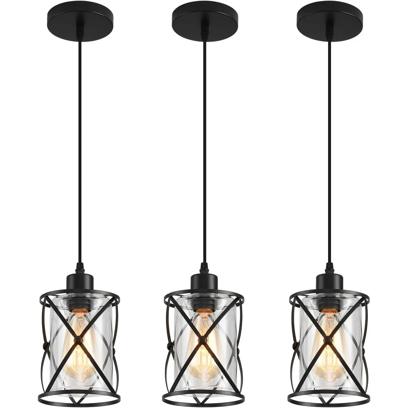 3 Lights Industrial Pendant Light with Glass Shade Matte Black Adjustable Hanging Light for Kitchen Island Farmhouse