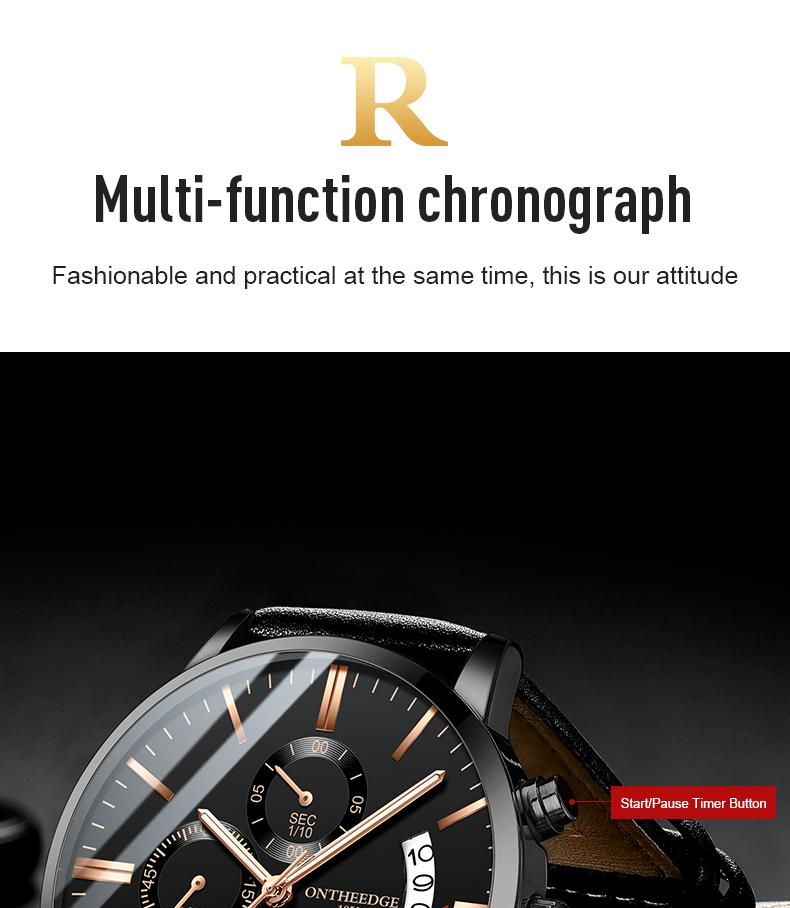 Men's Luxury Black Chronograph Quartz Watch - Leather Strap Wristwatch with Date, Multi-Function Subdials, Luminous Hands, Business Casual Dress Watch, Perfect Gift for Him