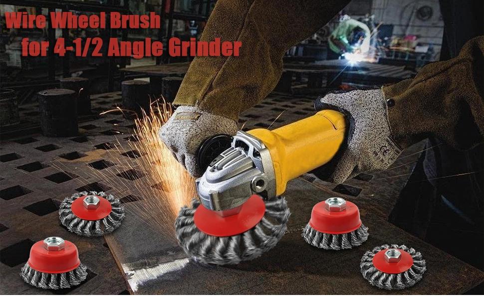 Wire Wheel Brush for Angle Grinder, 4 Inch Angle Grinder Wire Wheel, Wire Wheels for 4 1/2 Angle Grinder -5/8 Inch Threaded Arbor ,0.02 Inch Carbon Steel Wire Brush for Angle GrinderQuesear