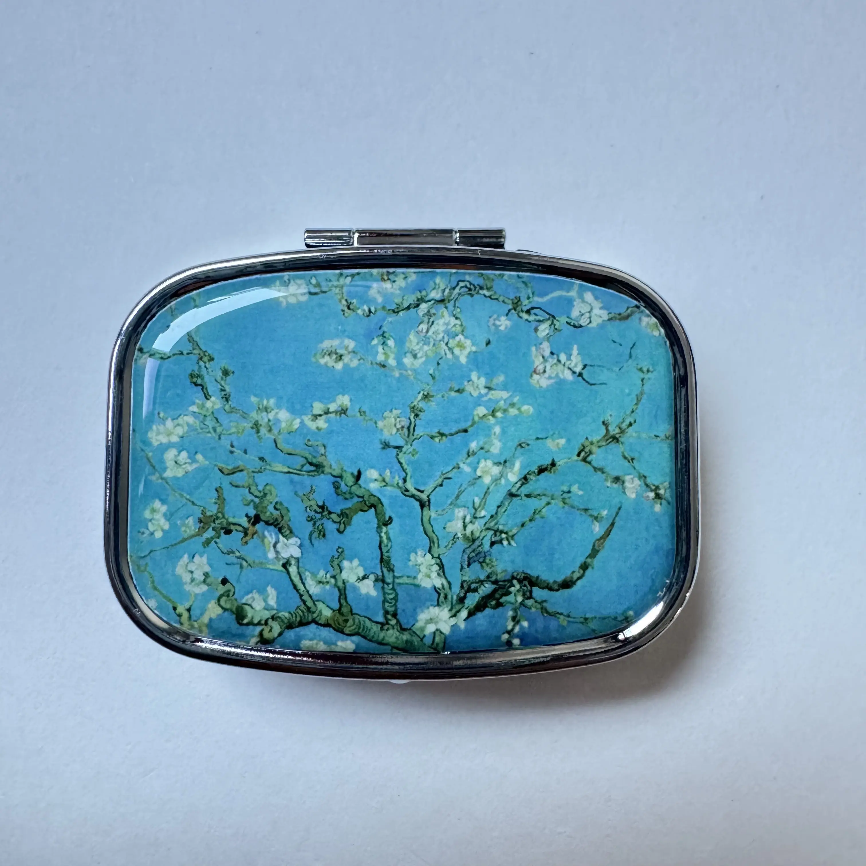 Vintage Almond Blossom Metal Pill Box - Peppermint Candy, Healthcare Stash Case for Vitamins, Gum, Tic Tacs - Home Organizer Storage Bin