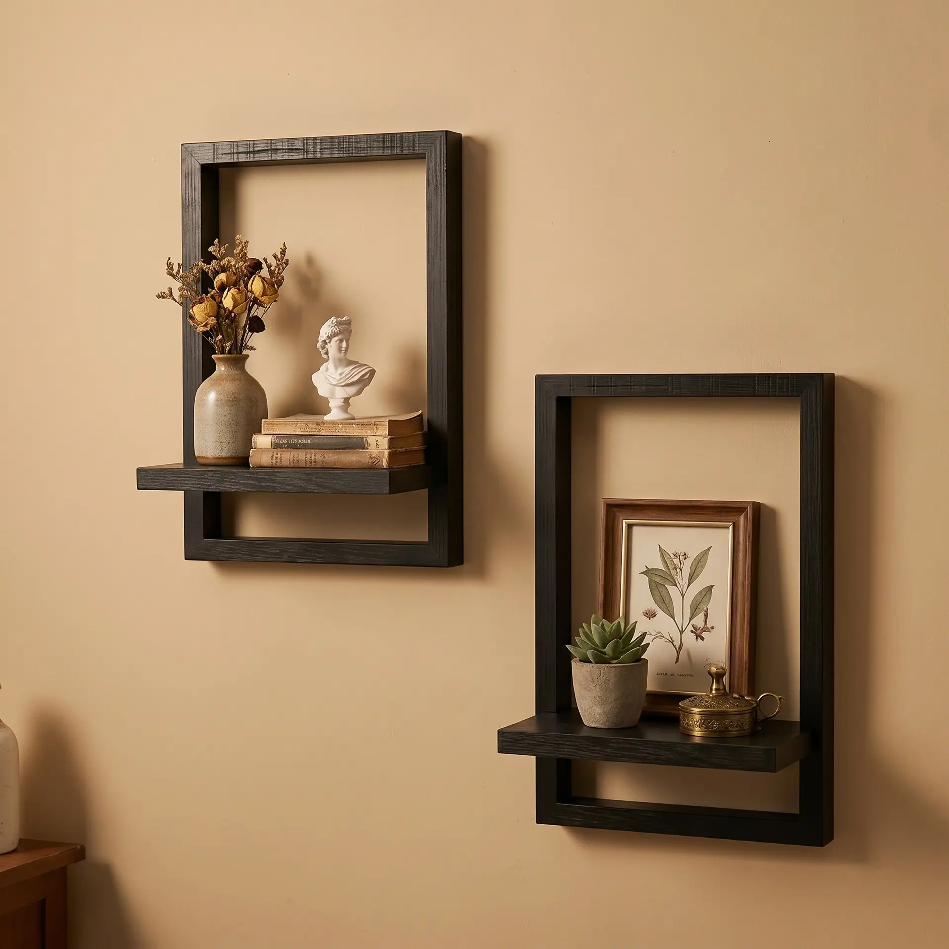 2 Piece Wood Grain Square Floating Wall Shelf, Vintage Style Hanging Display Storage Rack, for Bedroom, Living Room, Bathroom, Home Decor
