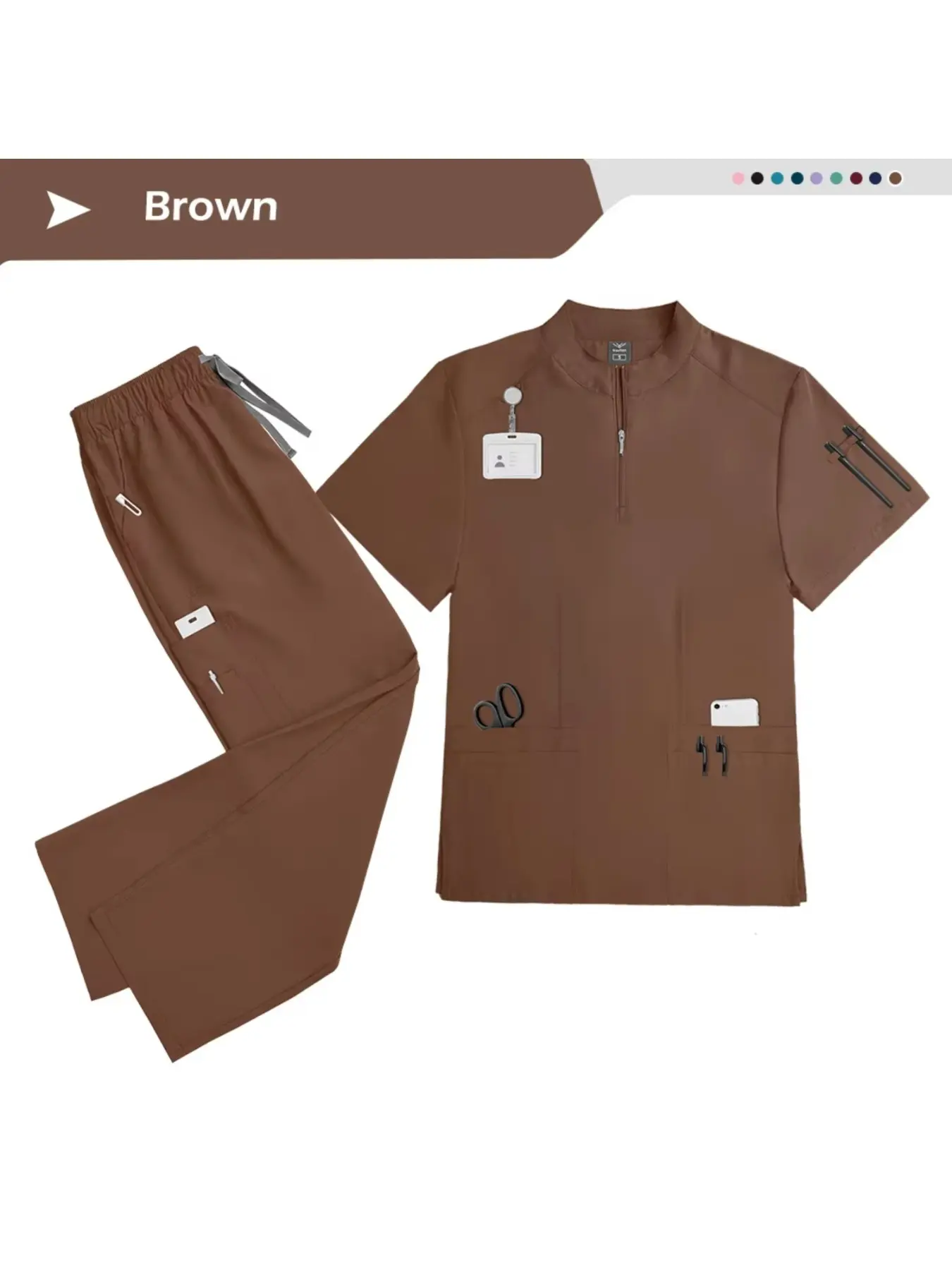 Simple Capable Solid Scrub Set Womens Stand Collar Short Sleeve Straight Pants Work Outfit For Outpatient Department Pet Diagnosis Aesthetic Salon Staff Daily Wear