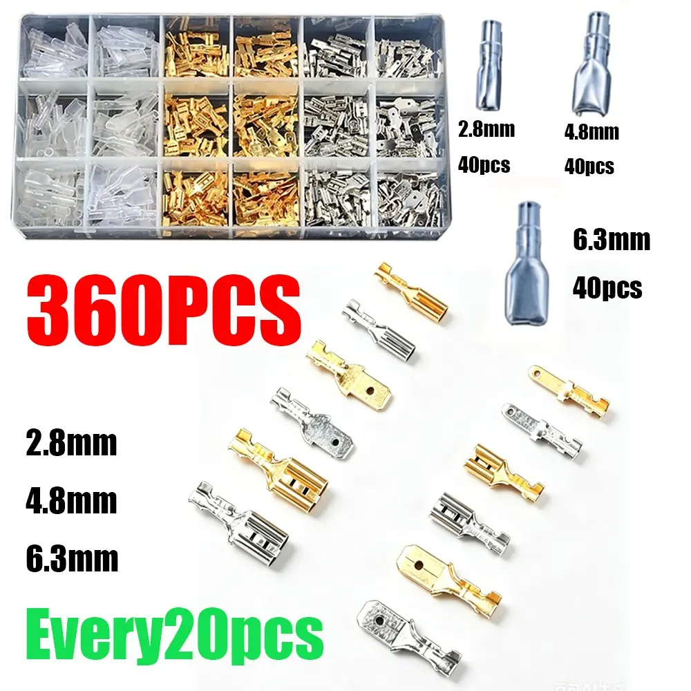 360pcs Wire Crimp Connectors, Brass Connectors, Male Female Spade Type, 2.8mm/4.8mm/6.3mm, with Insulation Sleeves, Solderless Crimp Connectors, Electrical Wiring Accessories