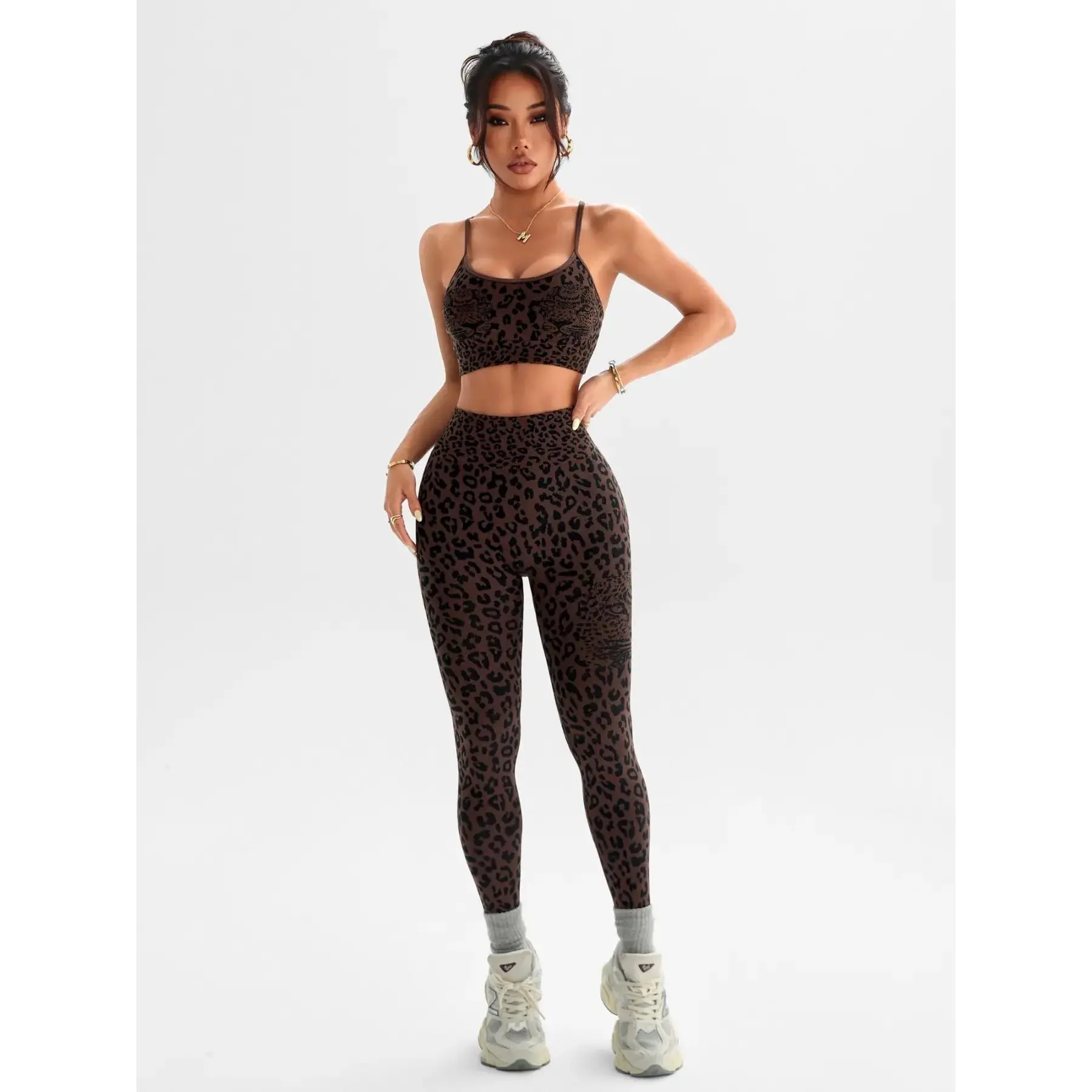 Women’s Leopard Print 2-Piece Female Athletic Sportswear Set - Adjustable Cross-Back Strap Sports Bra & High-Rise Support 9" Athletic Leggings, Soft Stretch Athleisure Gym Jogwear for Daily Casual Use, Two-Pieces