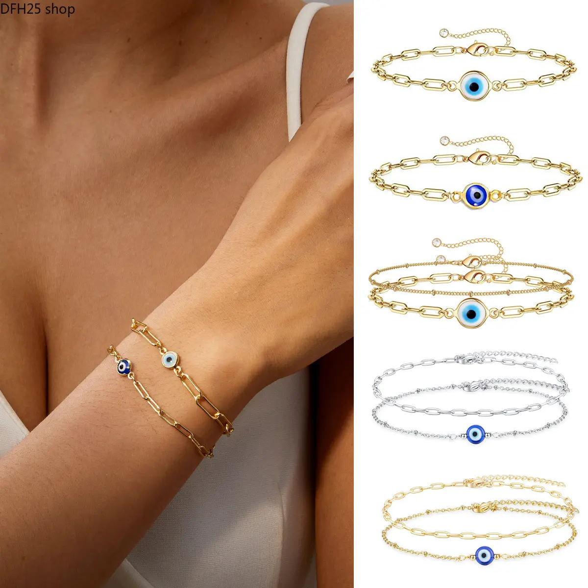 Evil Eye Chain Bracelet for Women, Gold Tone Paperclip Link with Blue Eye Charm, Adjustable Minimalist Jewelry for Daily Wear and Layering