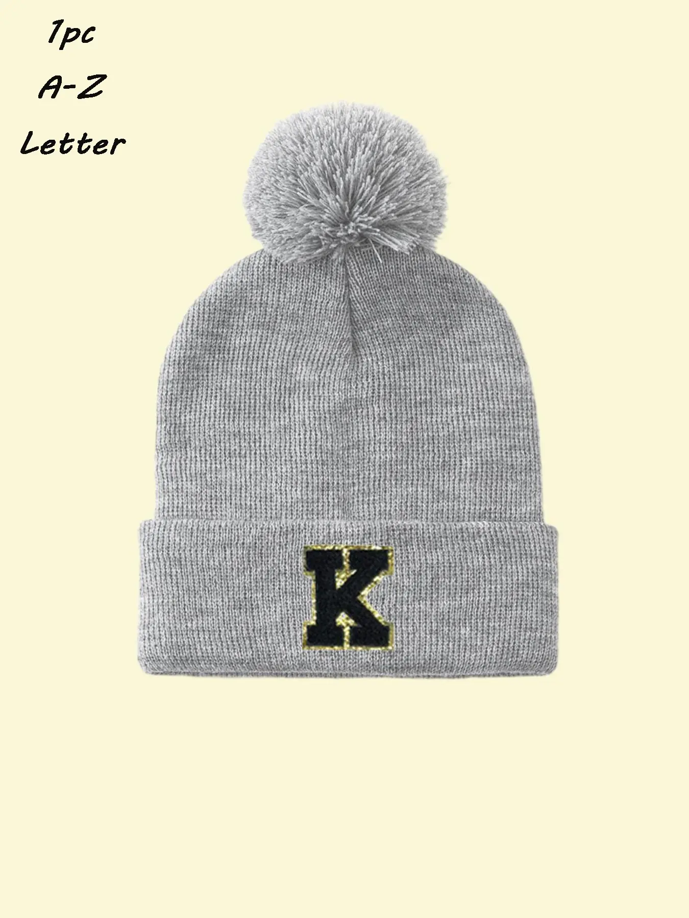 1PC Classic Custom Initial Letter Pom Pom Cuffed Knit Beanie, Varsity Letter Skull Cap, Fluffy Pom Pom Winter Knit Hat, Unisex, Winter Daily Outfit, Cold Weather Outdoor Stroll, Personalized Birthday Gift